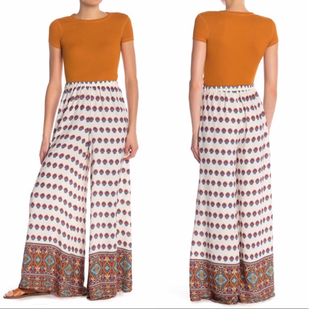 NWT Show Me Your Mumu Wide Leg Pants Elastic Waist Printed Cream Brown Sz XS